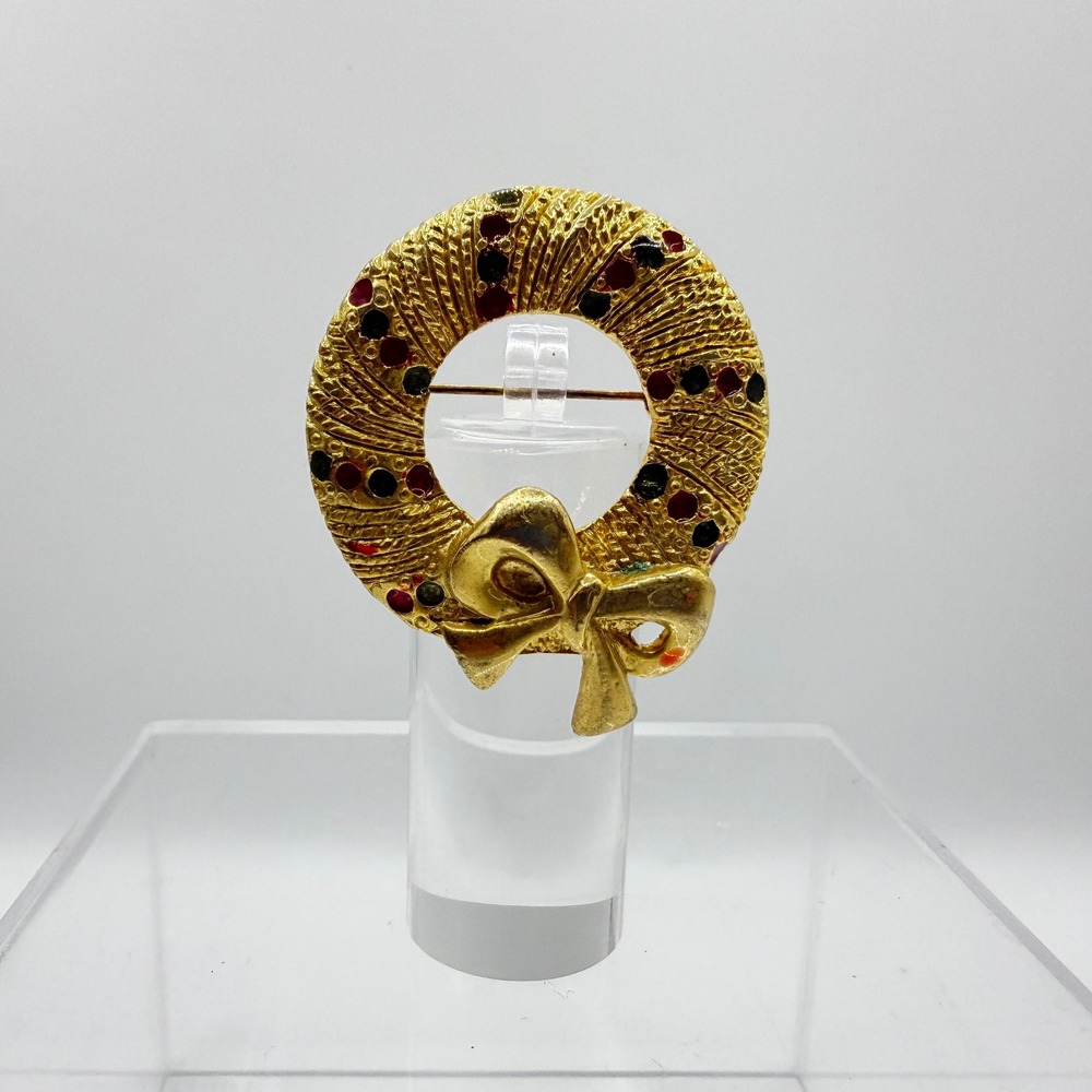 Vintage Christmas Wreath Brooch Gold Tone Red Green Enamel Holiday Bow Pin 1.5"